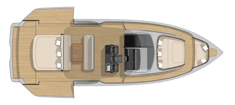  Yacht Photos Pics Top view of 2025 Cranchi A46 Luxury Tender yacht layout, featuring spacious deck and seating areas.