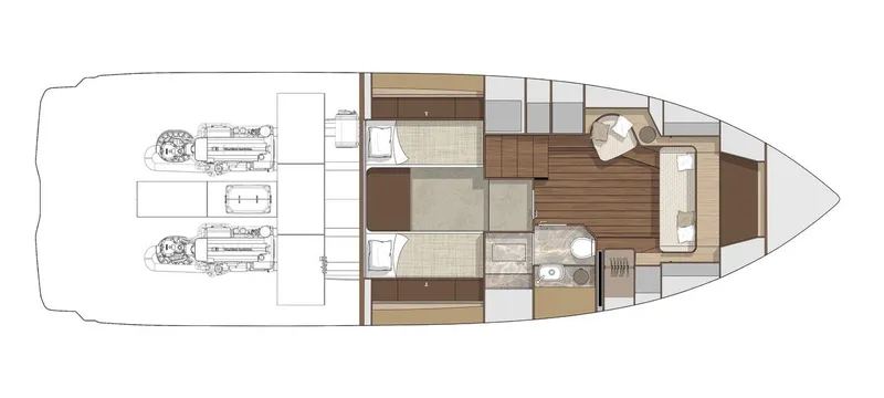  Yacht Photos Pics Floor plan of 2025 Cranchi A46 Luxury Tender, showcasing interior layout and engine placement.