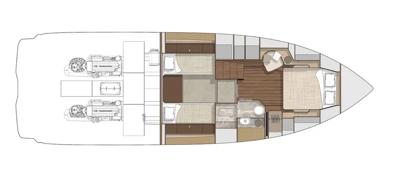  Yacht Photos Pics 2025 Cranchi A46 Luxury Tender floor plan with dual engines, cabins, and modern amenities.