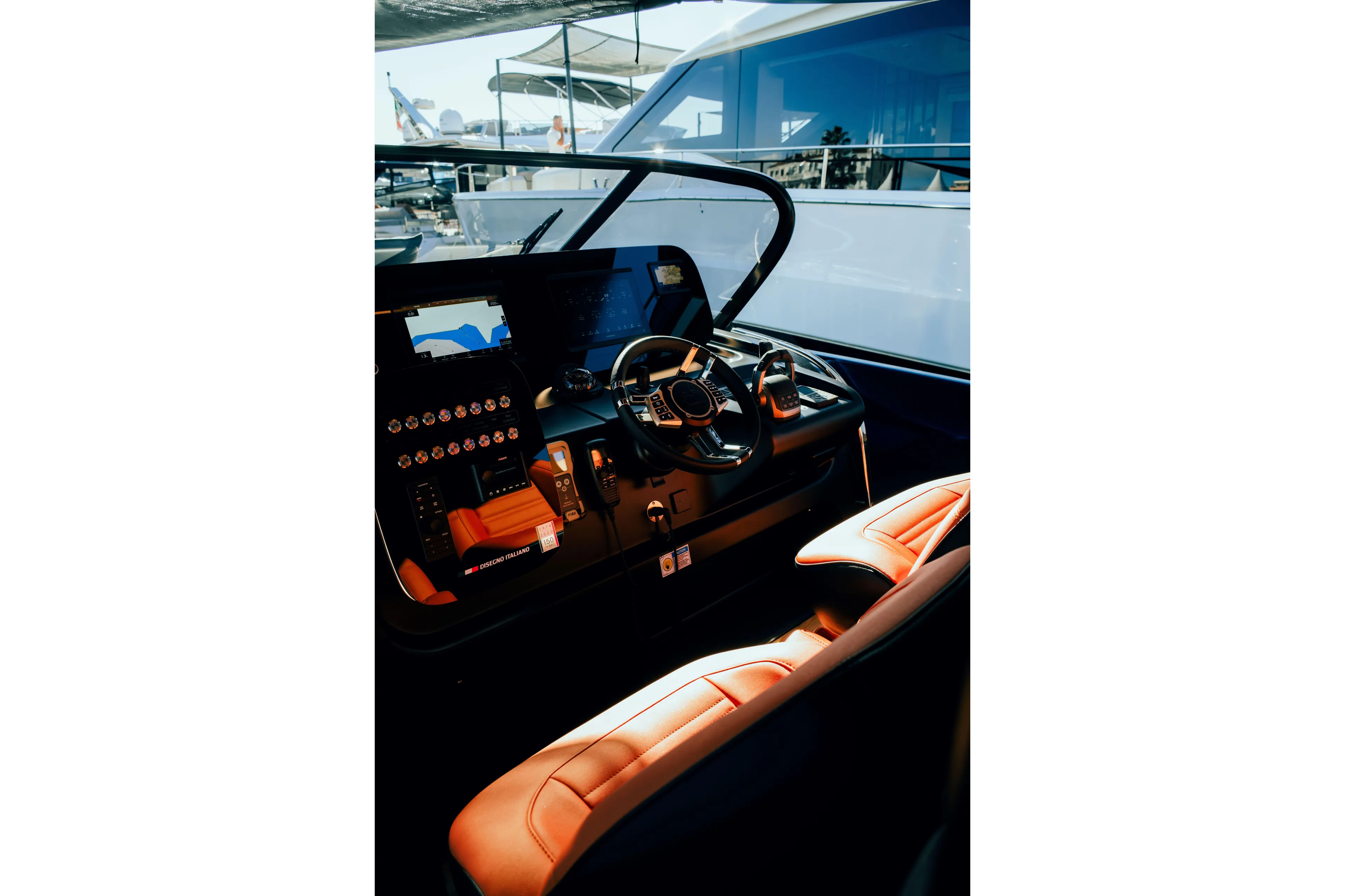  Yacht Photos Pics Interior of 2025 Cranchi A46 Luxury Tender, featuring modern dashboard and leather seating.