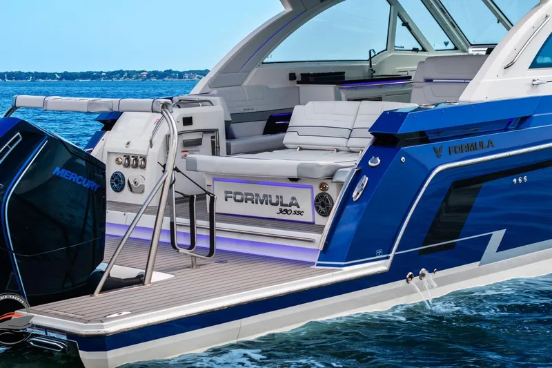 Lucca 2 Yacht Photos Pics 2025 Formula 380 Super Sport Crossover OB luxury boat on water, featuring sleek design and Mercury engine.