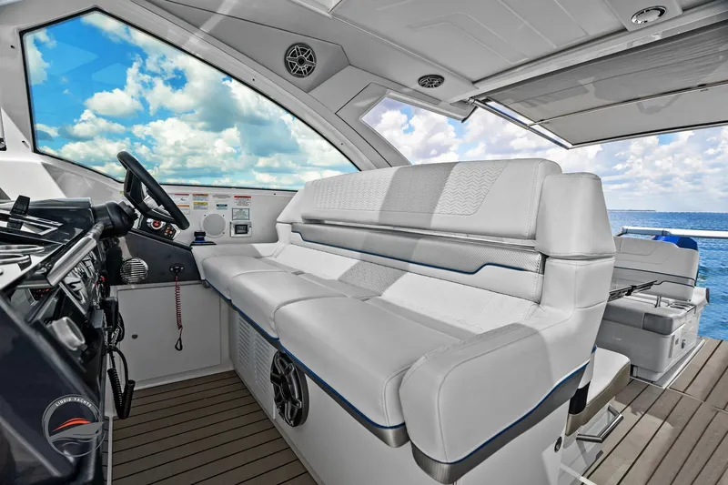 Lucca 2 Yacht Photos Pics 2025 Formula 380 Super Sport Crossover OB interior with luxurious seating and ocean view.