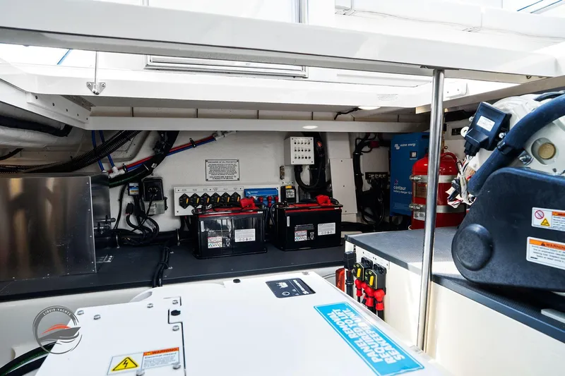 Lucca 2 Yacht Photos Pics Engine room of 2025 Formula 380 Super Sport Crossover OB with batteries and safety equipment.