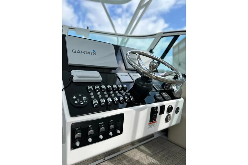 Yacht Photos Pics Helm of 2020 Stamas 326 Aegean boat with Garmin navigation system.