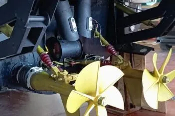  Yacht Photos Pics 2024 Suerte 50 boat propellers and mechanical components in close-up view.