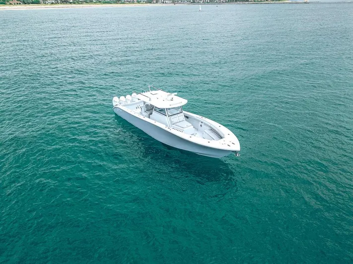  Yacht Photos Pics 2019 Yellowfin 42 boat on open water, aerial view.