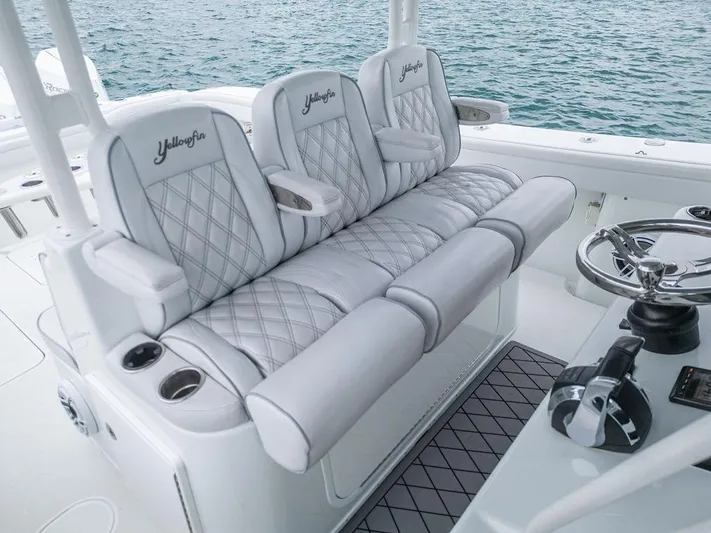  Yacht Photos Pics Luxurious seating on a 2019 Yellowfin 42 boat with diamond-stitched upholstery.