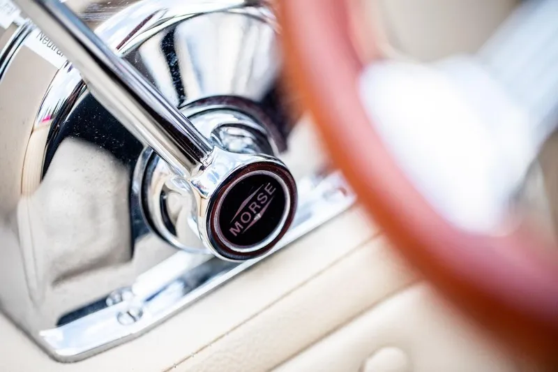 Liberty 1776 Yacht Photos Pics Close-up of Morse throttle control on 2007 Hacker-Craft 32 Sportabout boat.