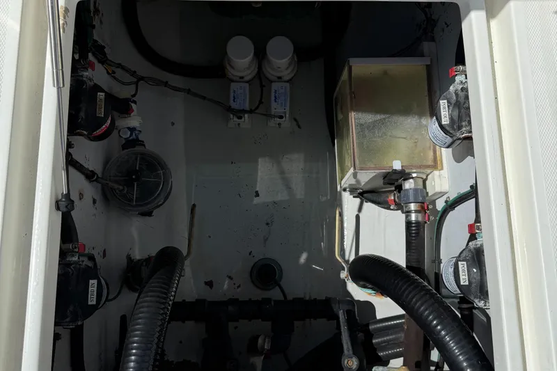  Yacht Photos Pics 2018 SeaVee 390Z boat interior compartment with wiring and components.