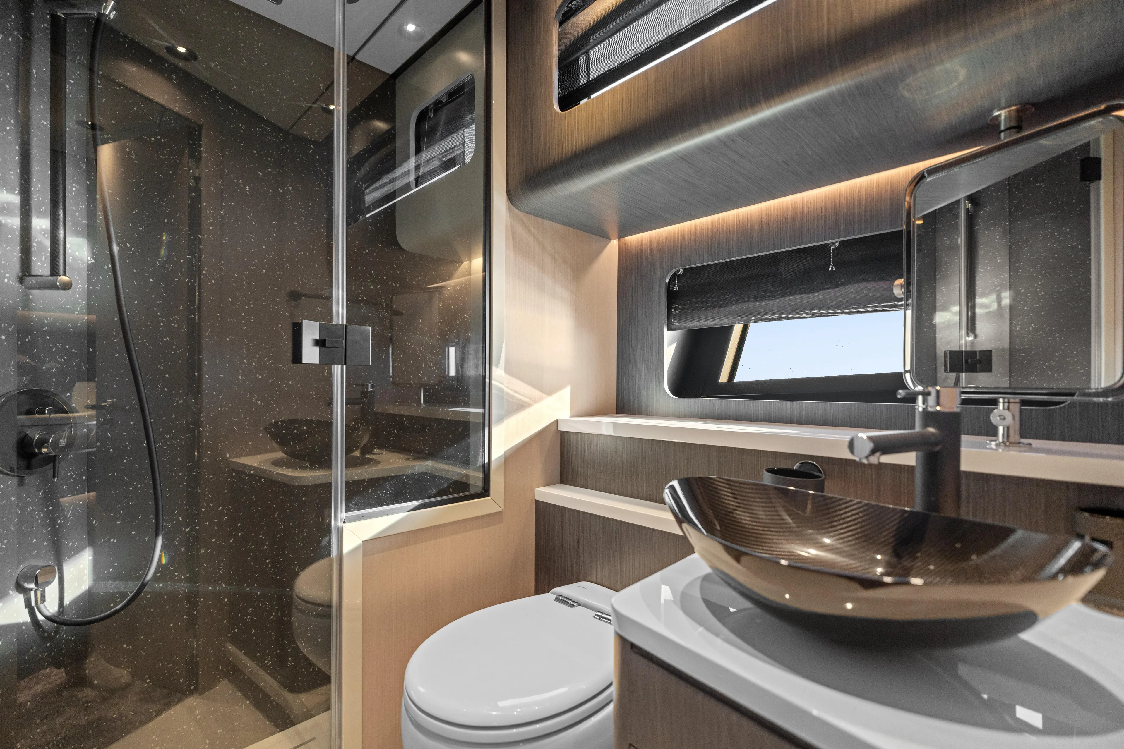  Yacht Photos Pics Luxurious bathroom interior of 2025 Canados 571 yacht with modern fixtures and elegant design.