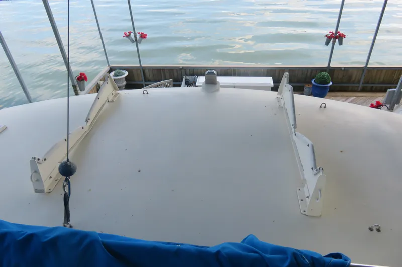 Rive' Gauche Yacht Photos Pics 1986 Hatteras 58 Motor Yacht deck with lake view and decorative plants.