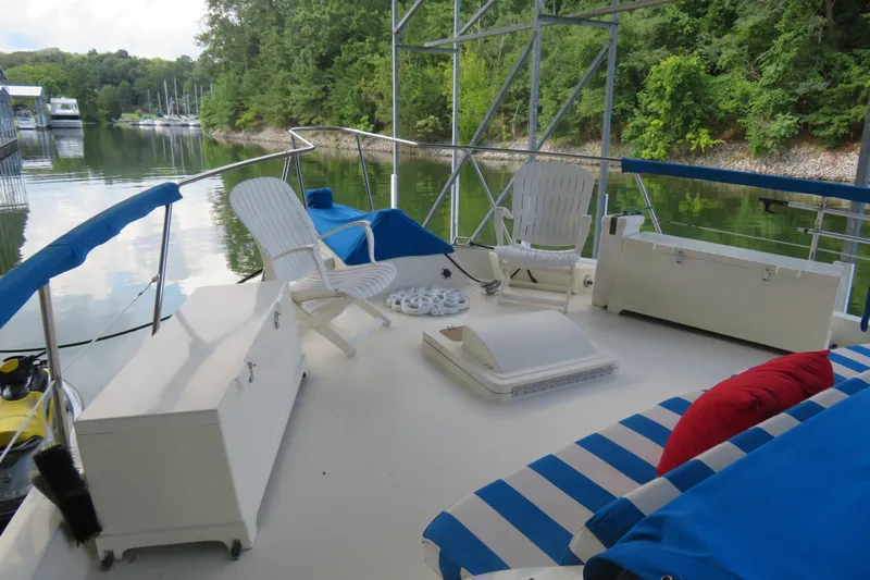 Rive' Gauche Yacht Photos Pics 1986 Hatteras 58 Motor Yacht deck with chairs, cushions, and scenic lake view.
