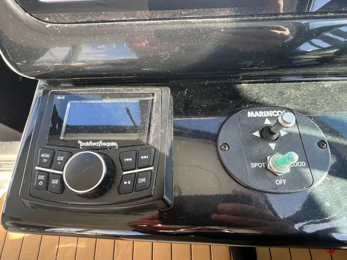  Yacht Photos Pics Control panel of a 2018 Sea Ray 350 Sundancer with Rockford Fosgate audio system.