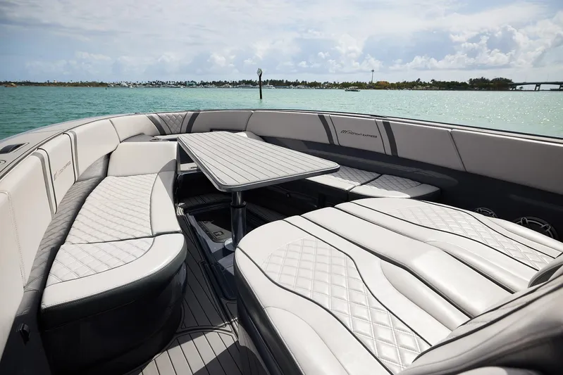  Yacht Photos Pics Luxurious seating on 2023 Midnight Express 37' Open boat, with elegant quilted upholstery.