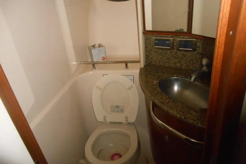  Yacht Photos Pics Bathroom interior of 2007 Sea Ray 44 Sundancer yacht with toilet and sink.