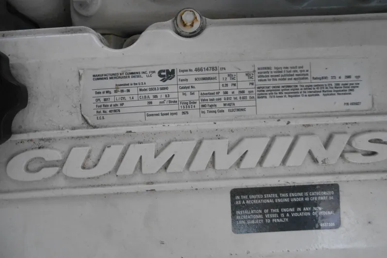 Yacht Photos Pics Cummins engine label on a 2007 Sea Ray 44 Sundancer boat.