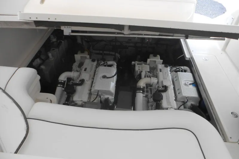  Yacht Photos Pics Engine compartment of a 2007 Sea Ray 44 Sundancer yacht, showcasing dual engines.