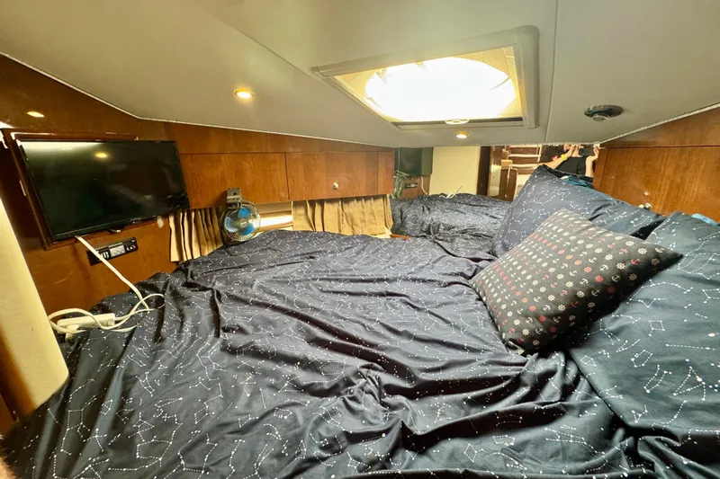 Water Baby Yacht Photos Pics 2007 Carver 43 Motor Yacht bedroom with TV, skylight, and patterned bedding.