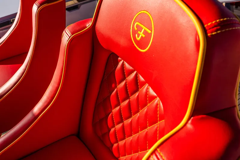  Yacht Photos Pics Red leather seats with yellow stitching in 2024 Frauscher 1414 Demon boat.