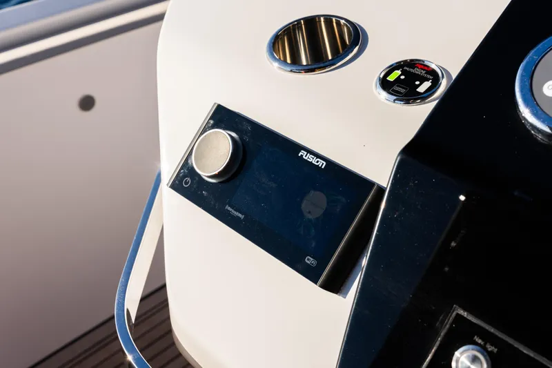  Yacht Photos Pics Control panel of 2024 Frauscher 1414 Demon boat with Fusion audio system.