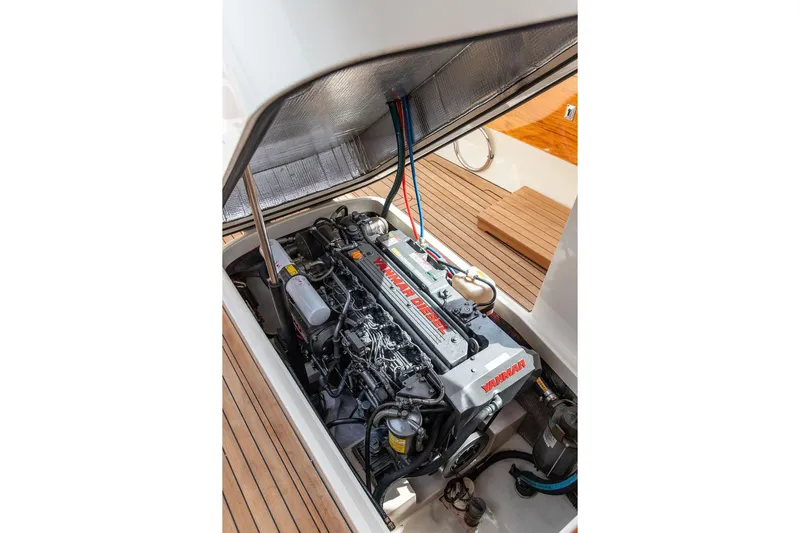 Admiralty Yacht Photos Pics Engine compartment of 2005 Hinckley Picnic Boat EP with Yanmar diesel engine.