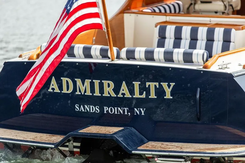 Admiralty Yacht Photos Pics 2005 Hinckley Picnic Boat EP with American flag, named "Admiralty," Sands Point, NY.