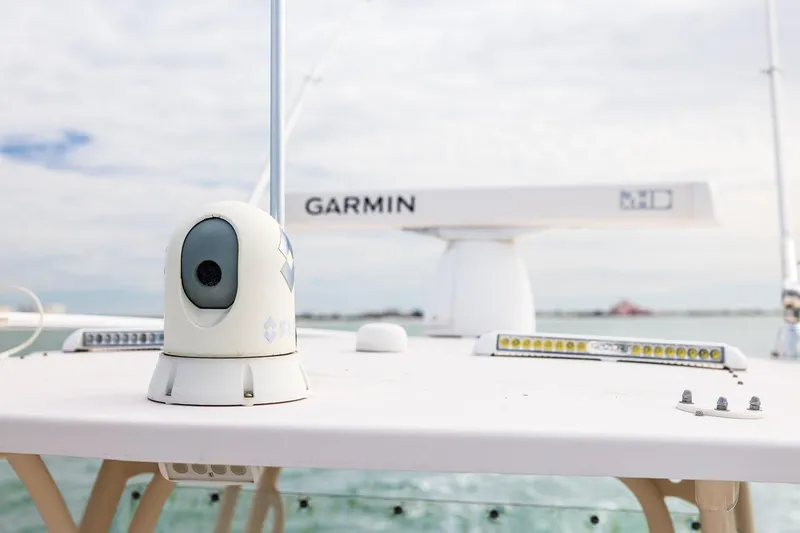  Yacht Photos Pics 2014 Grady-White Canyon 336 boat with Garmin radar and FLIR camera on deck.