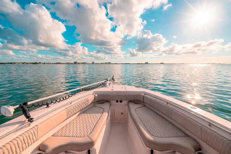 Yacht Photos Pics 2014 Grady-White Canyon 336 boat on serene water under a sunny sky.