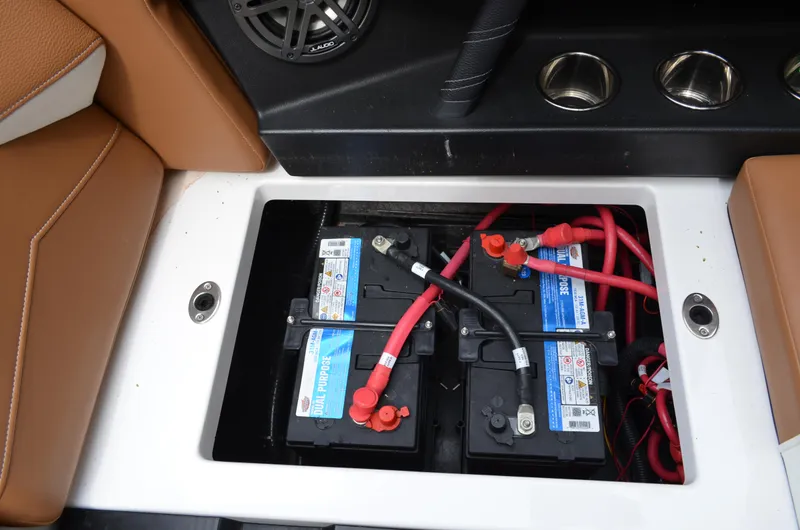  Yacht Photos Pics 2023 Nautique Super Air Nautique S23 battery compartment with dual batteries and wiring.