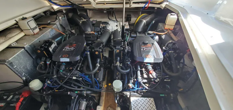 Just Becuz Yacht Photos Pics Engine compartment of a 2007 Sea Ray 310 Sundancer with dual engines.