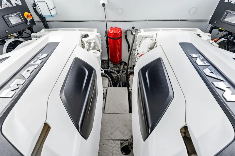 Mana Yacht Photos Pics Engine room of Maori m54 yacht, featuring dual MAN engines, 2025 model.