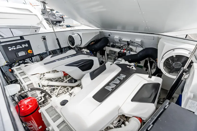 Mana Yacht Photos Pics Engine room of Maori m54 yacht, featuring dual MAN engines, 2025 model.