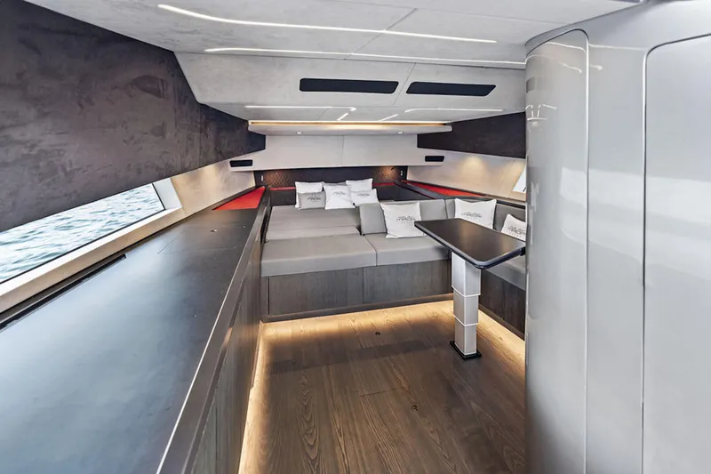 Mana Yacht Photos Pics Luxurious interior of 2025 Maori m54 yacht with modern design and ambient lighting.