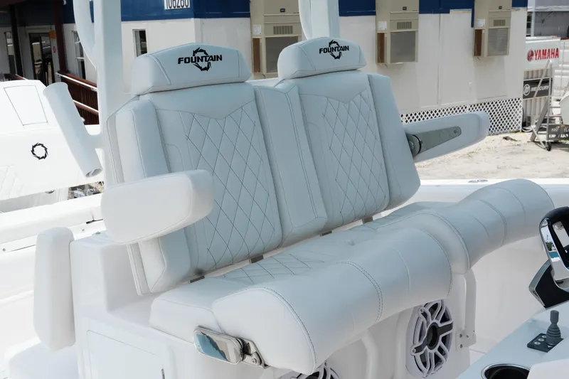  Yacht Photos Pics Luxury seating on 2025 Fountain 38 CC boat with diamond-stitched upholstery.