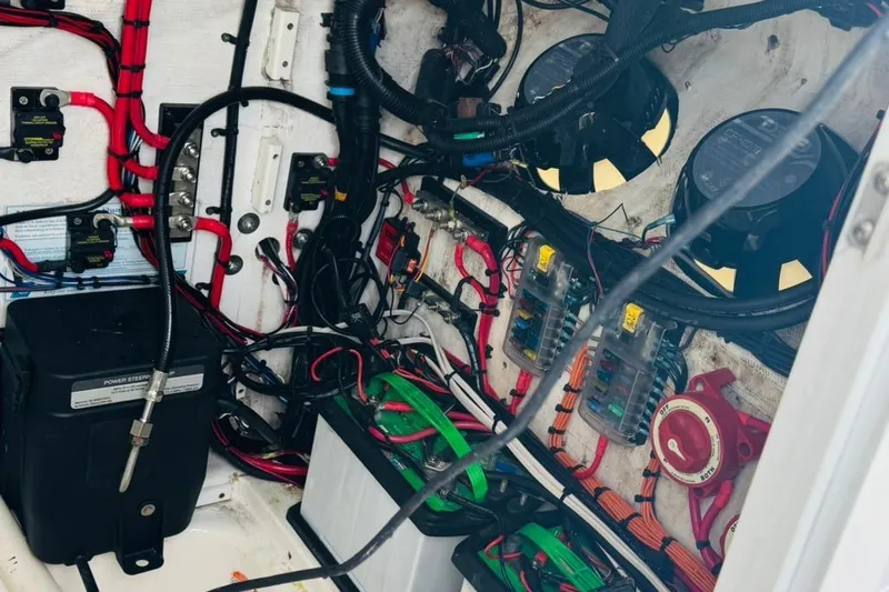  Yacht Photos Pics Electrical wiring and components inside a 2005 Carrera Boats 32 model.