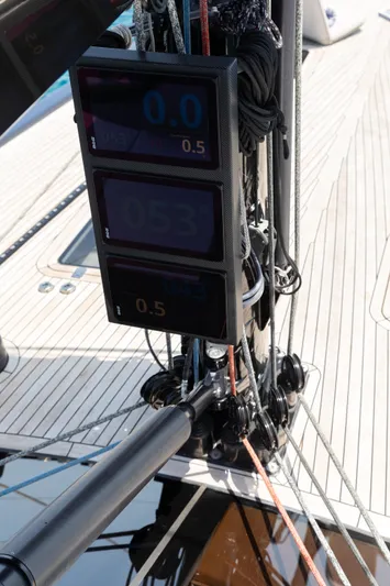 Caiarossa Yacht Photos Pics Digital displays on a 2009 Shipman 72 yacht mast, showing sailing data.