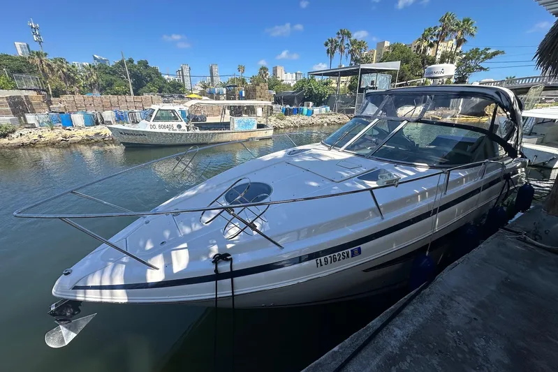 Panacea Yacht Photos Pics 2015 Regal 32 Express boat docked in a marina under a clear blue sky.