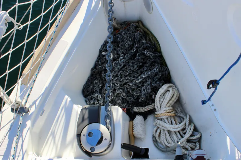 Selkie Yacht Photos Pics Anchor chain and ropes in Jeanneau Sun Odyssey 349 sailboat, 2015 model.