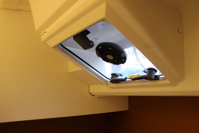 Selkie Yacht Photos Pics Hatch interior of 2015 Jeanneau Sun Odyssey 349 sailboat, showcasing design details.