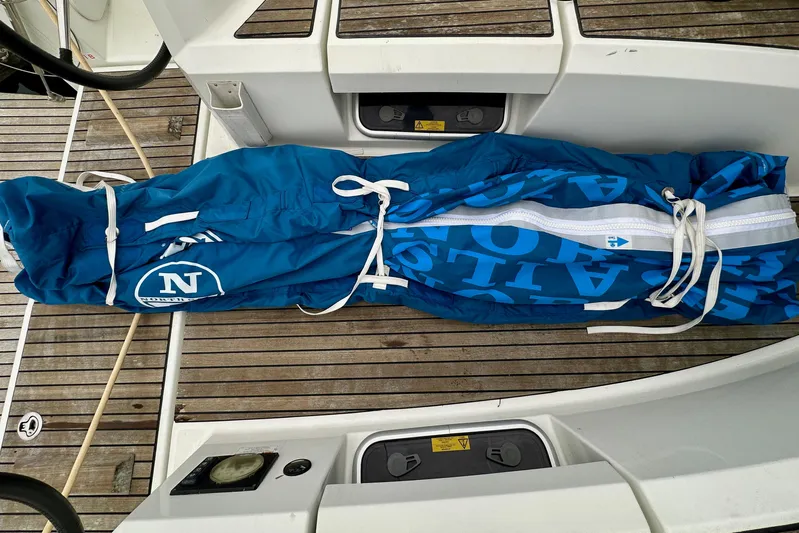 Selkie Yacht Photos Pics Blue sail bag on Jeanneau Sun Odyssey 349 yacht deck, 2015 model.