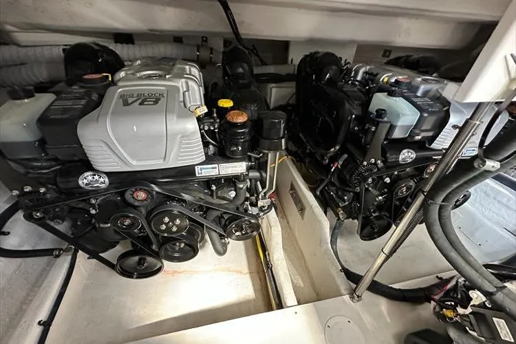  Yacht Photos Pics 2019 Cruisers Yachts 390 Express Coupe engine compartment with dual V8 engines.
