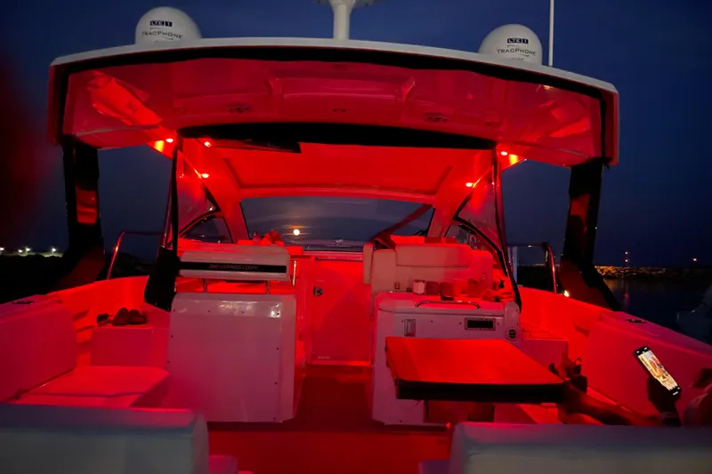  Yacht Photos Pics 2019 Cruisers Yachts 390 Express Coupe interior illuminated with red lights at night.