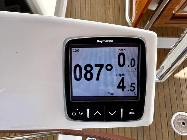 Stella Maris Yacht Photos Pics Raymarine display on 2014 Jeanneau 57 yacht showing course, speed, and depth.