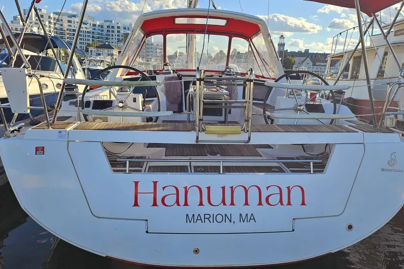  Yacht Photos Pics Beneteau Oceanis 45 sailboat, 2013 model, docked at a marina, named "Hanuman" from Marion, MA.