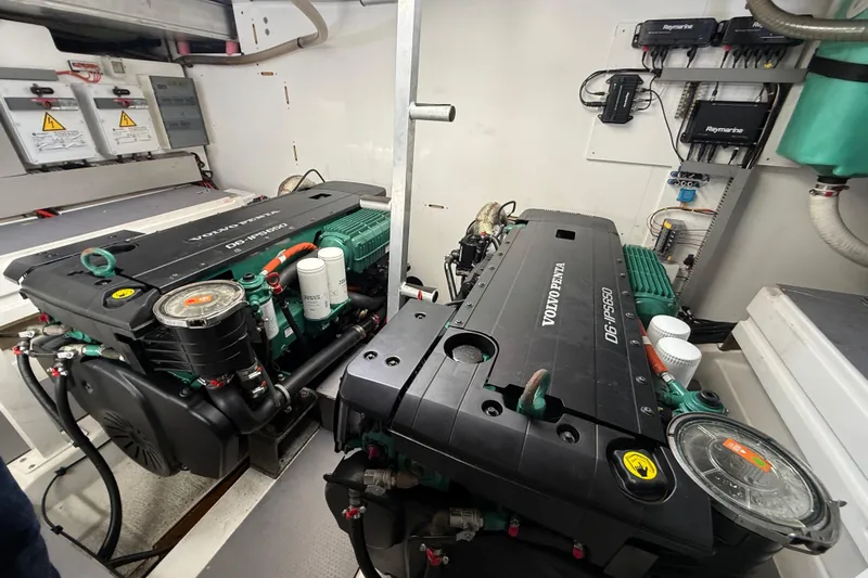  Yacht Photos Pics Engine room of a 2020 Prestige 520 yacht with Volvo Penta engines.