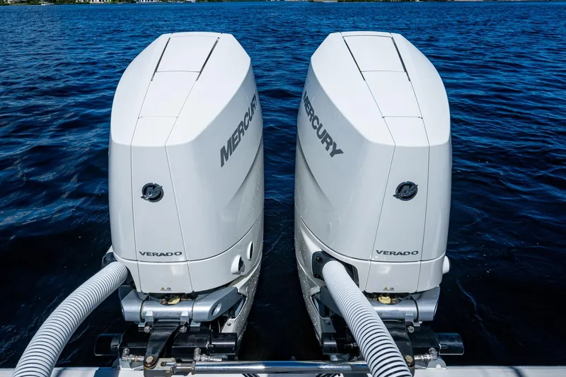 Da Bubbs Yacht Photos Pics Twin Mercury Verado engines on a 2024 SeaVee 322z boat in open water.