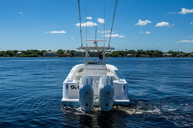 Da Bubbs Yacht Photos Pics 2024 SeaVee 322z boat cruising on a sunny day with dual engines.
