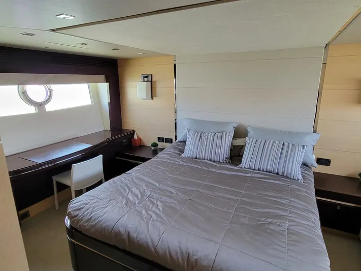  Yacht Photos Pics Luxurious bedroom interior of 2014 Sunseeker 68 Predator yacht with large bed and desk.