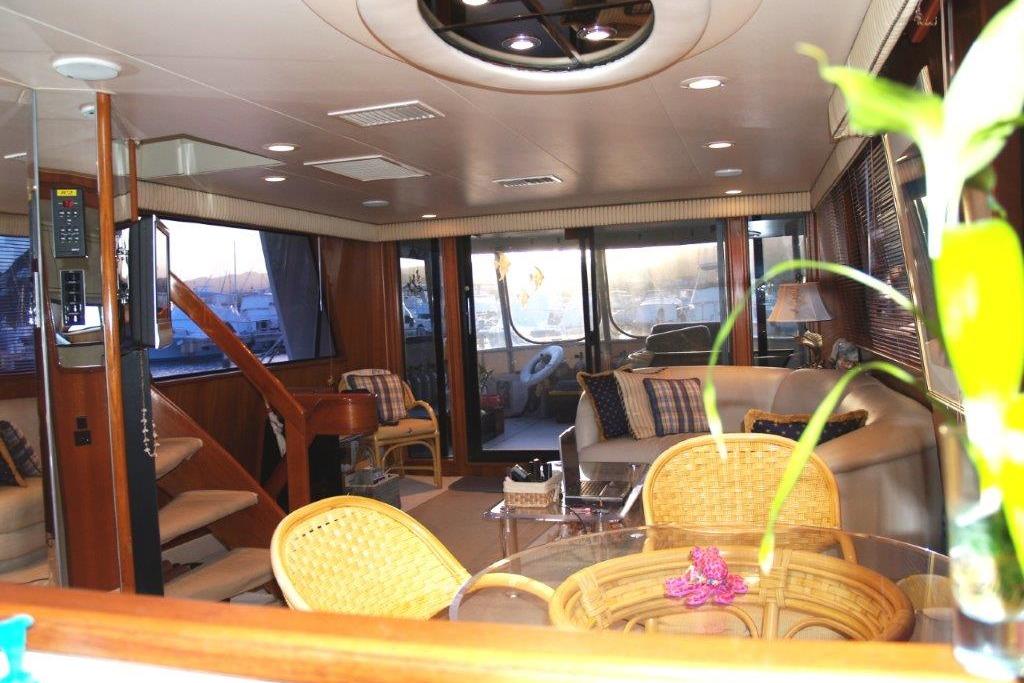Luxurious interior of a 1991 Viking 65 Cockpit yacht with elegant furnishings.
