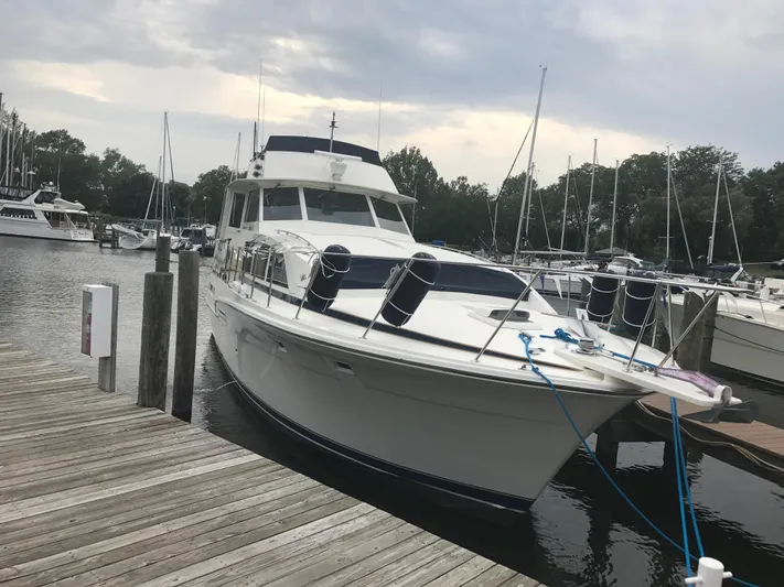  Yacht Photos Pics 1986 Bertram 46 Flybridge Motor Yacht docked at marina under cloudy sky.